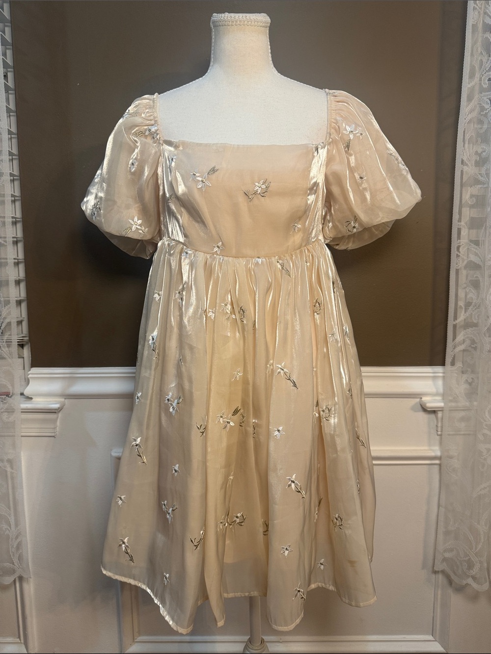 Mabel Champagne Gold Floral Embroidered Babydoll Mini Dress M
